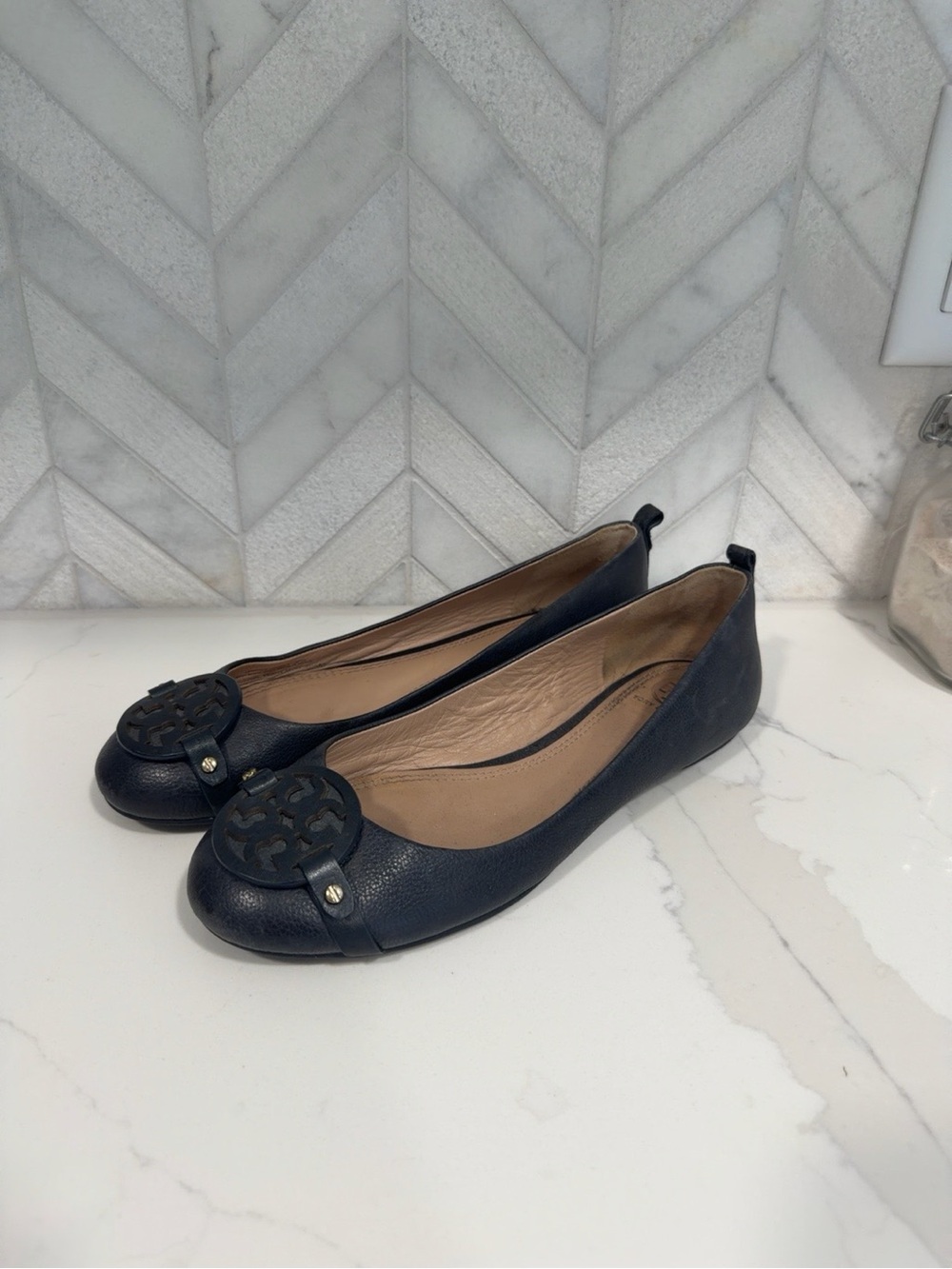 Tory Burch Navy Leather Logo Ballet Flats